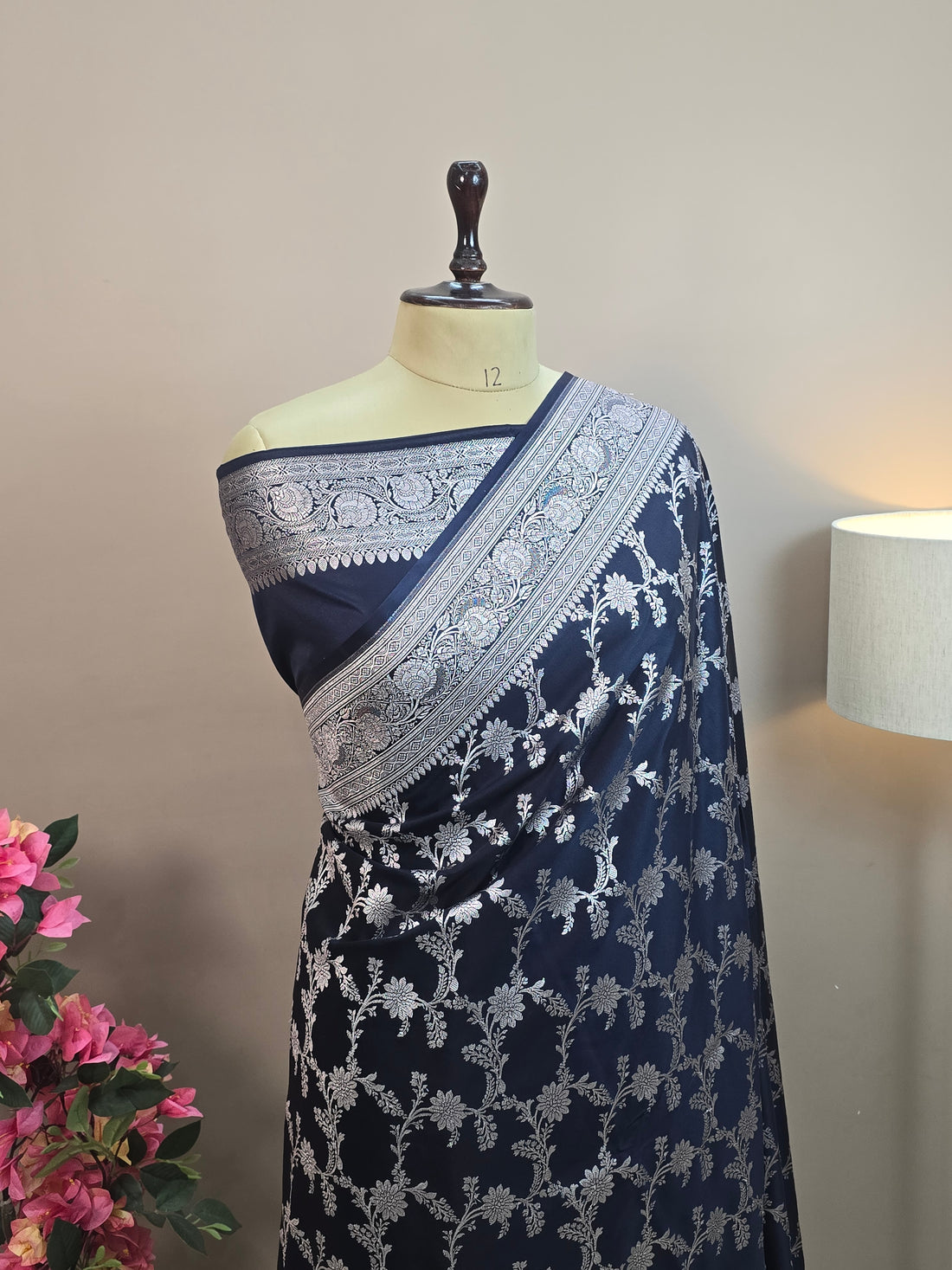 Mashru Katan Silk Banarasi Saree Navy Blue Body with Silver Zari All Over Jaal