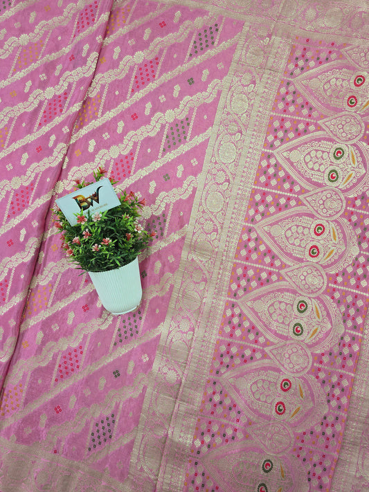 Crush Crepe Banarasi Bandhej Saree Baby Pink with Alfi Meenakari Jaal