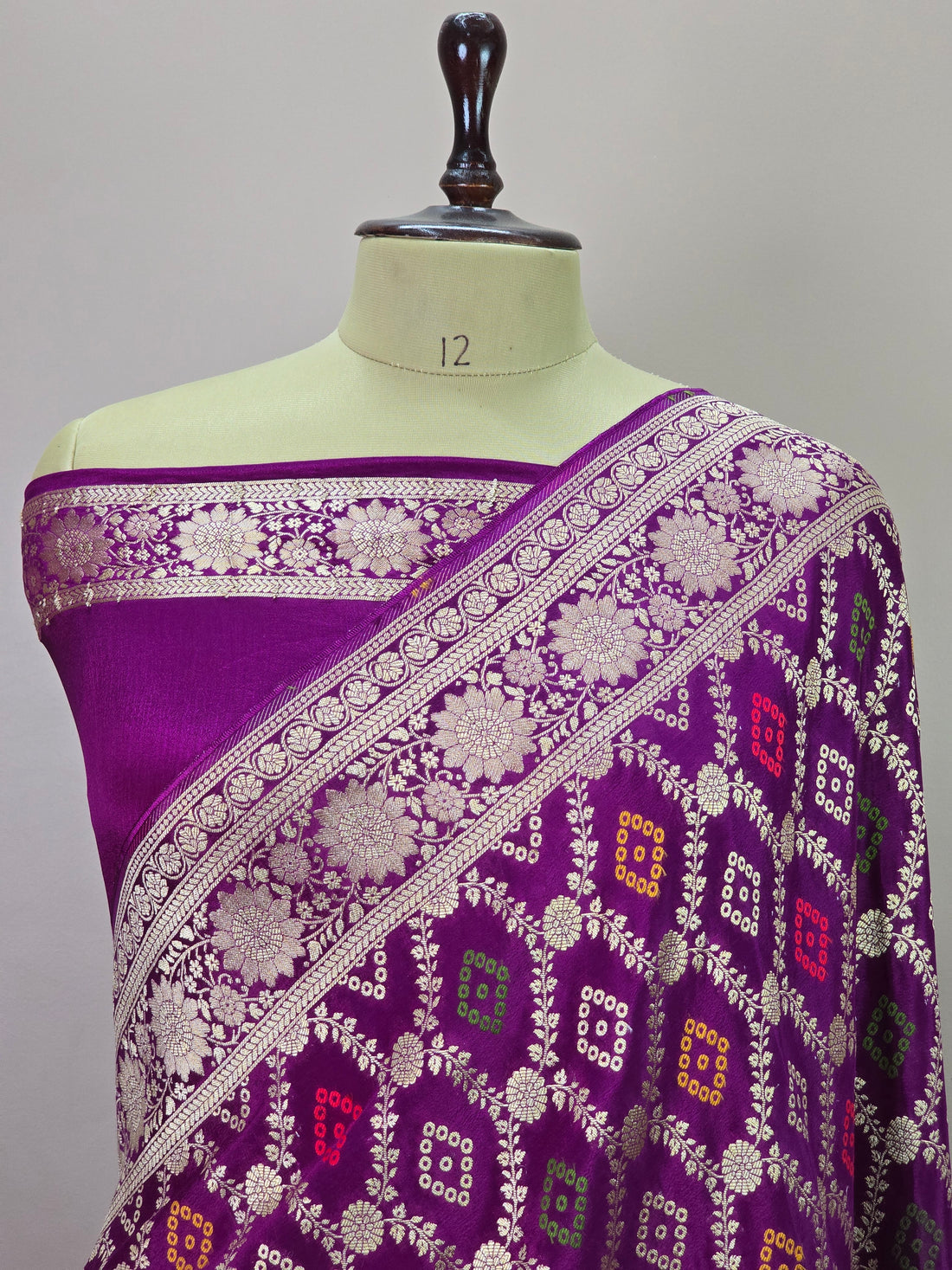 Crush Crepe Alfi Bandhej Saree Magenta Purple with Multicolour Meenakari Boota