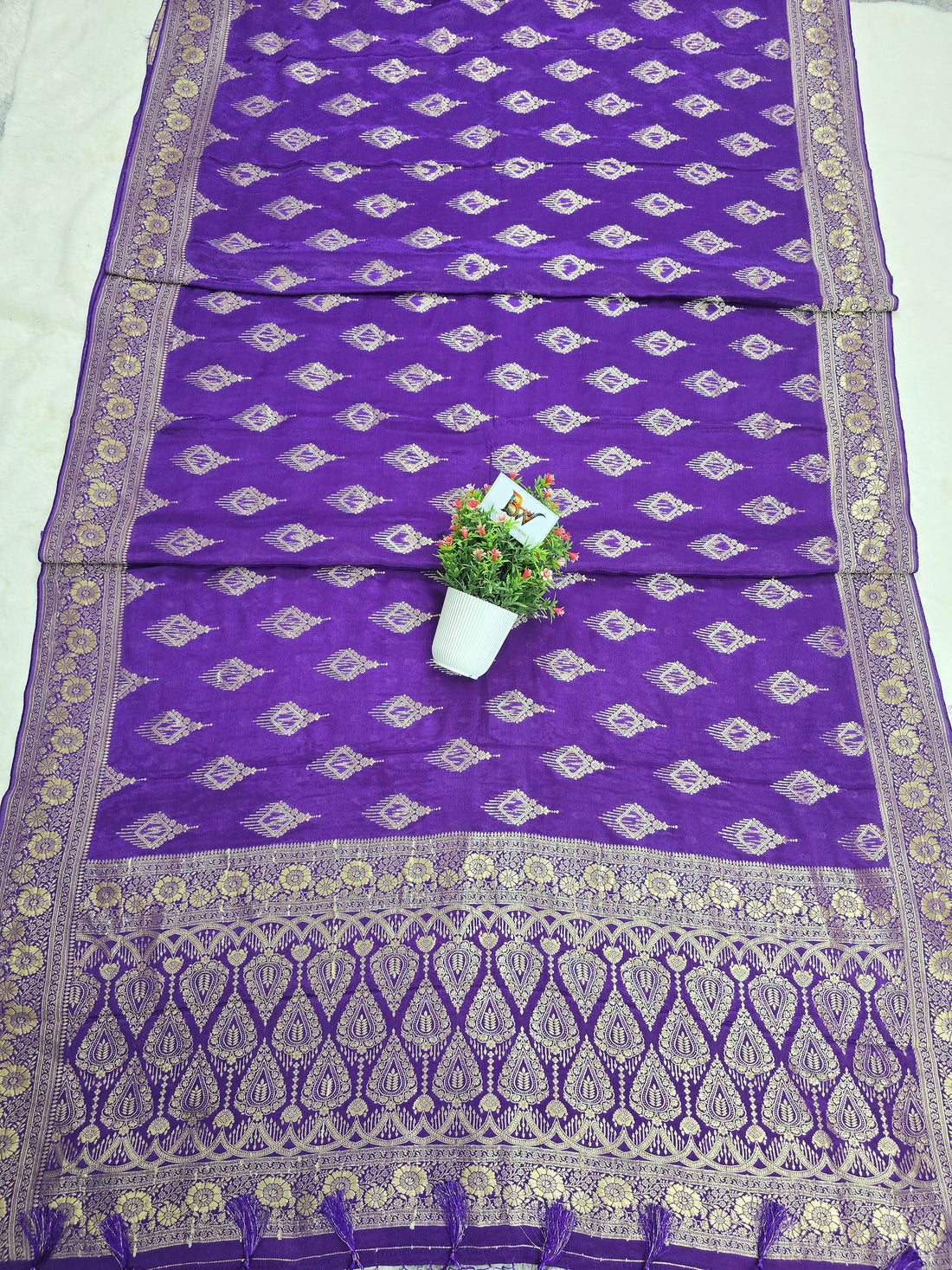 Crush Crepe Banarasi Saree Royal Purple Body with Geometric Zari Boota
