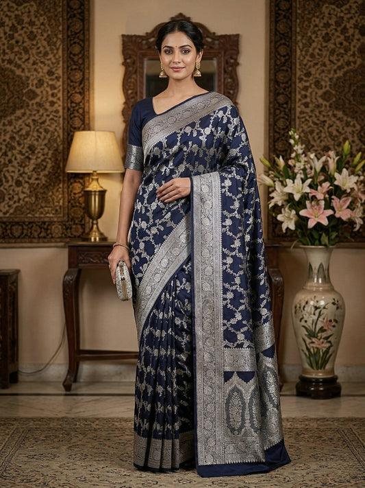 Mashru Katan Silk Banarasi Saree Navy Blue Body with Silver Zari All Over Jaal