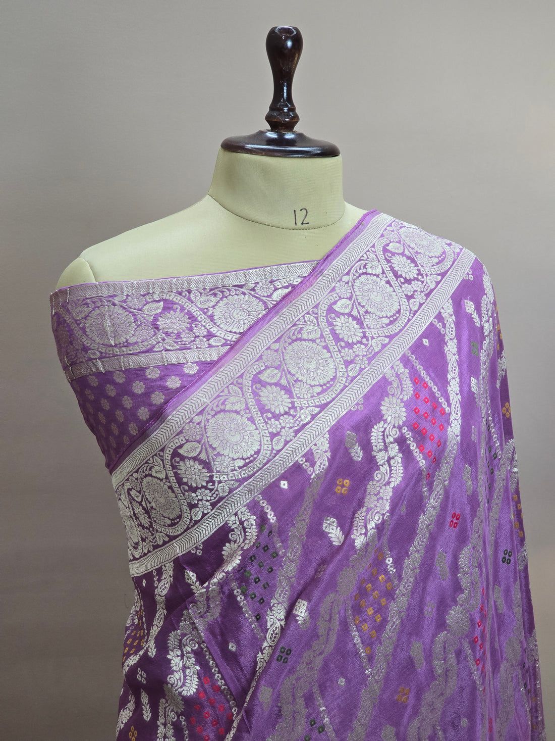 Crush Crepe Banarasi Bandhej Saree Lavender with Alfi Meenakari Jaal