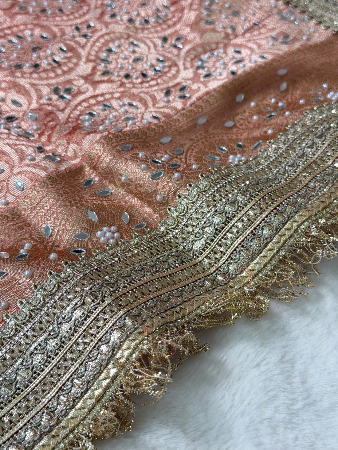 Banarasi Tissue Silk Saree with Mirror Work and Designer Lace Border
