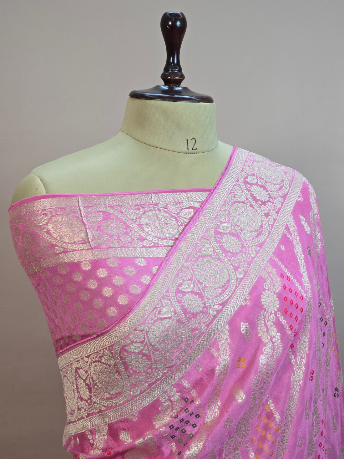 Crush Crepe Banarasi Bandhej Saree Baby Pink with Alfi Meenakari Jaal