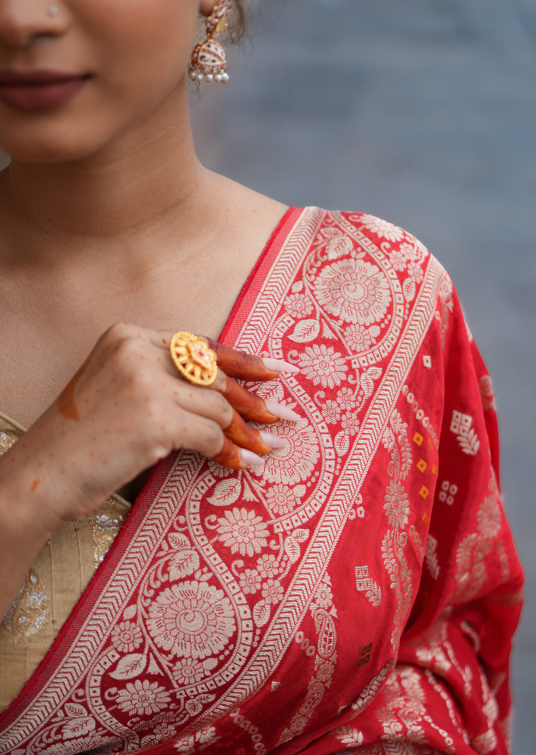 Crush Crepe Banarasi Bandhej Saree Red with Alfi Meenakari Jaal
