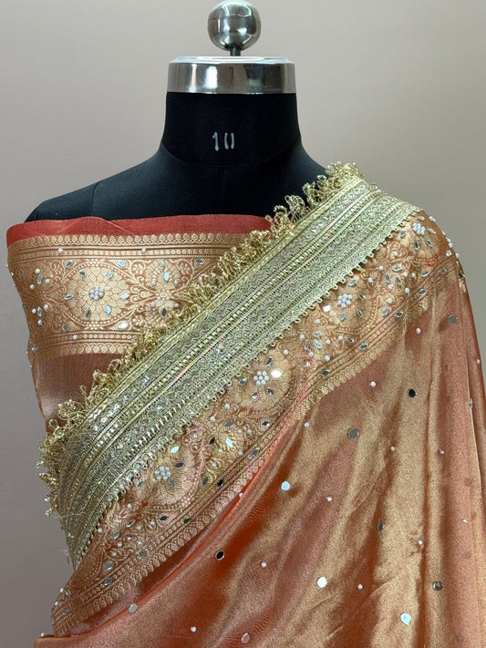 Banarasi Tissue Silk Saree with Mirror Work and Designer Lace Border
