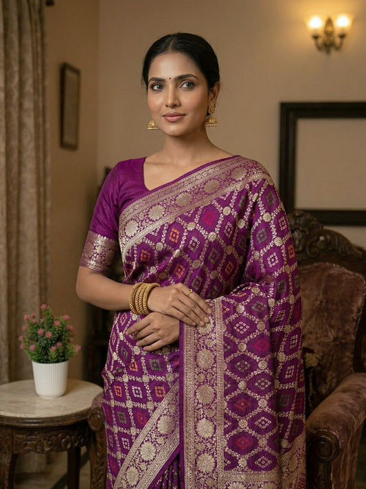 Crush Crepe Alfi Bandhej Saree  Magenta Purple with Multicolour Meenakari Boota