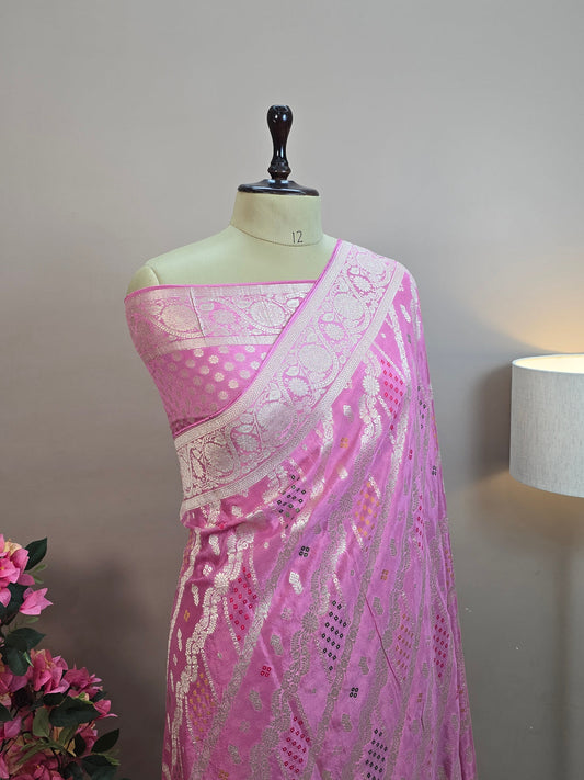 Crush Crepe Banarasi Bandhej Saree Baby Pink with Alfi Meenakari Jaal
