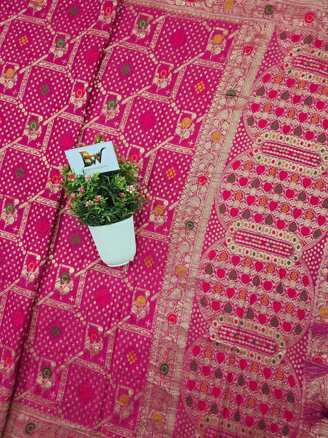 Crush Crepe Alfi Bandhej Saree  Rani Pink with Meenakari Flower Bootas