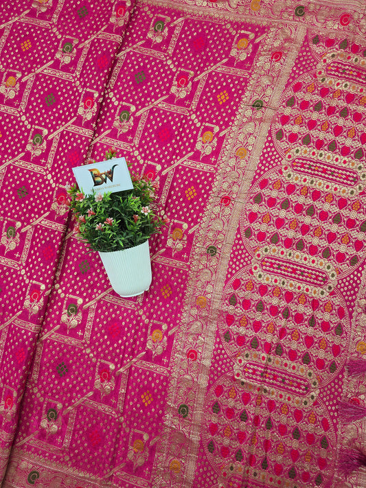 Crush Crepe Alfi Bandhej Saree  Rani Pink with Meenakari Flower Bootas