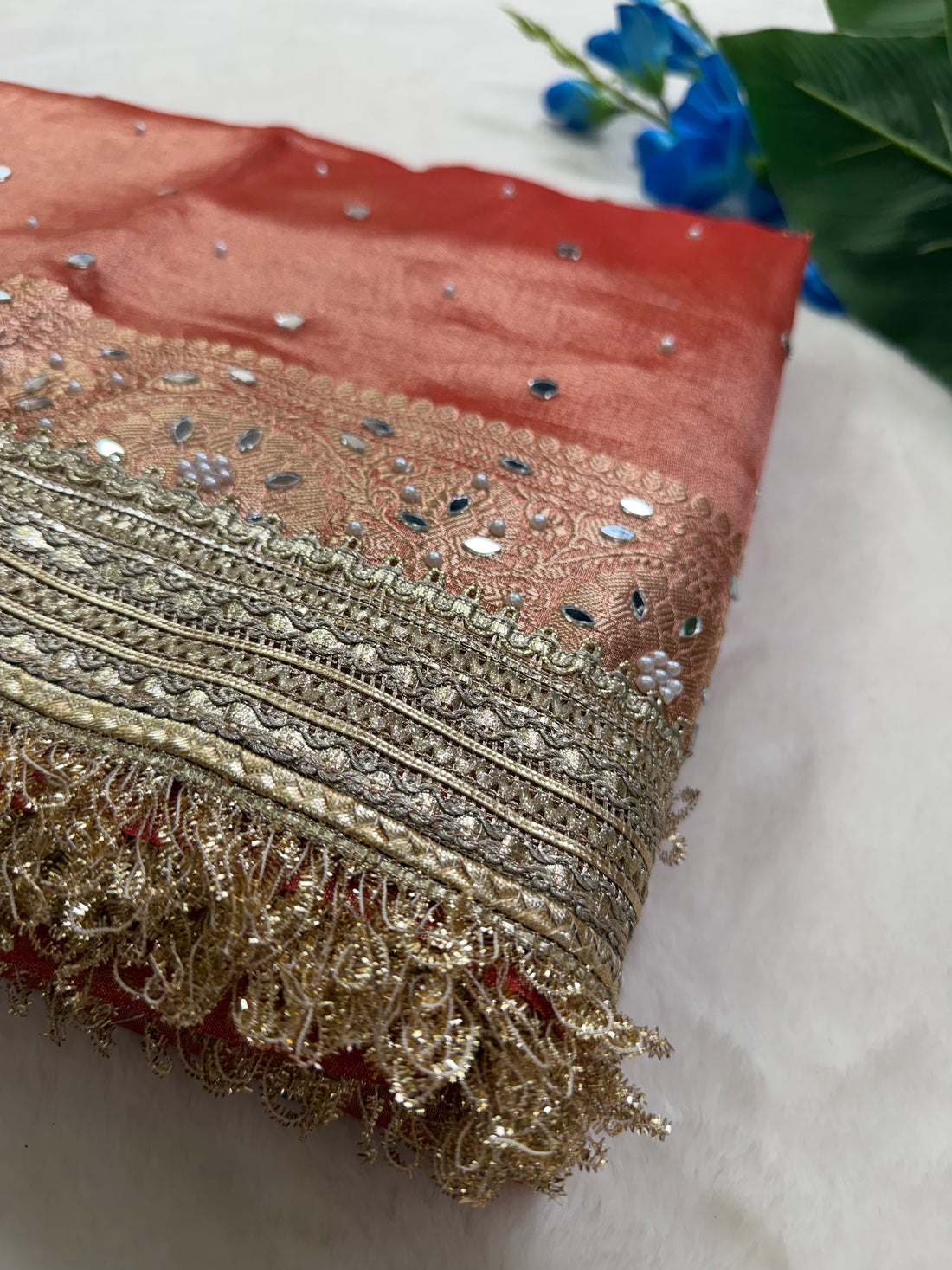 Banarasi Tissue Silk Saree with Mirror Work and Designer Lace Border