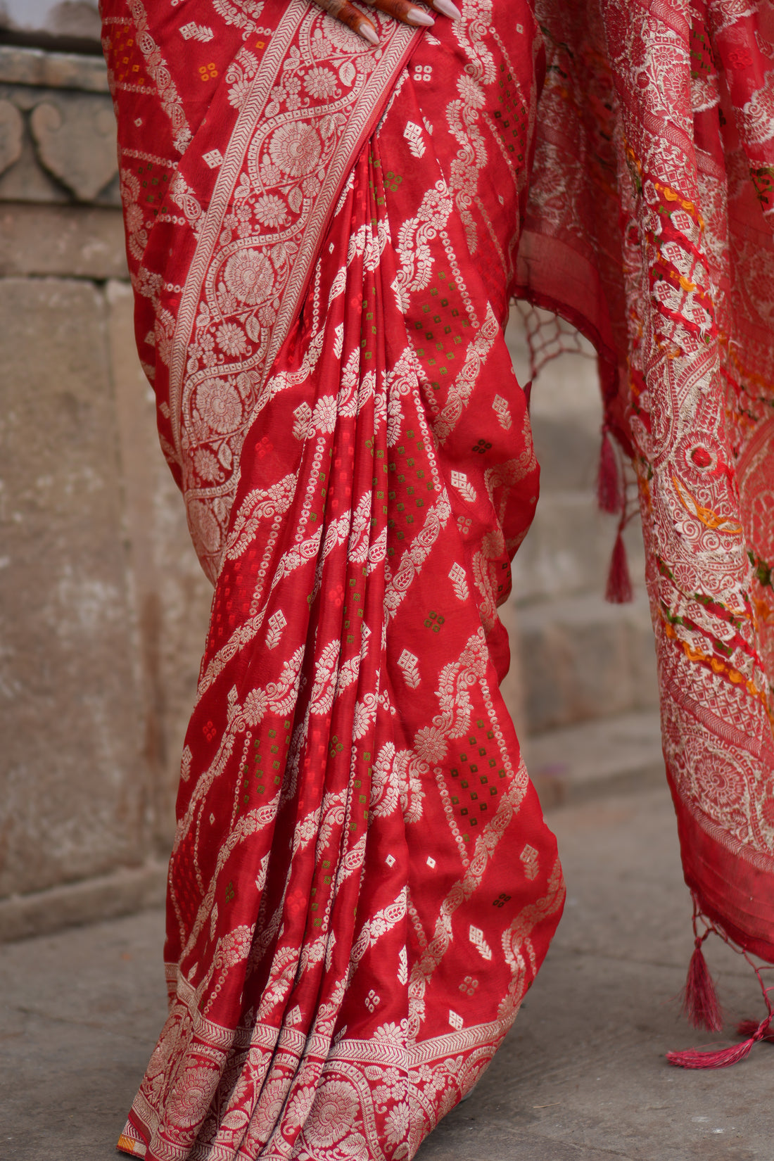 Crush Crepe Banarasi Bandhej Saree Red with Alfi Meenakari Jaal