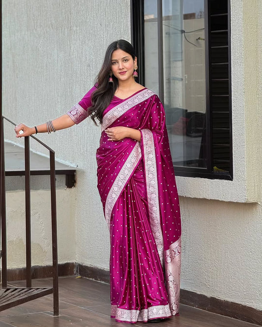 Mashru Katan Silk Banarasi Saree  Majenta Body All Over Booti