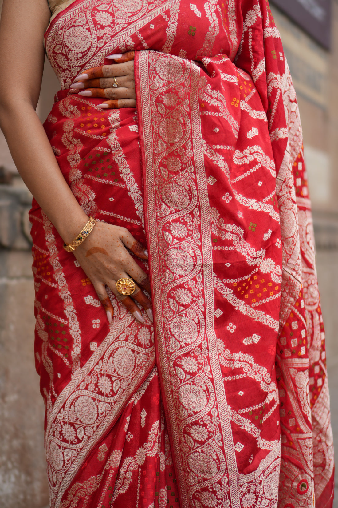 Crush Crepe Banarasi Bandhej Saree Red with Alfi Meenakari Jaal