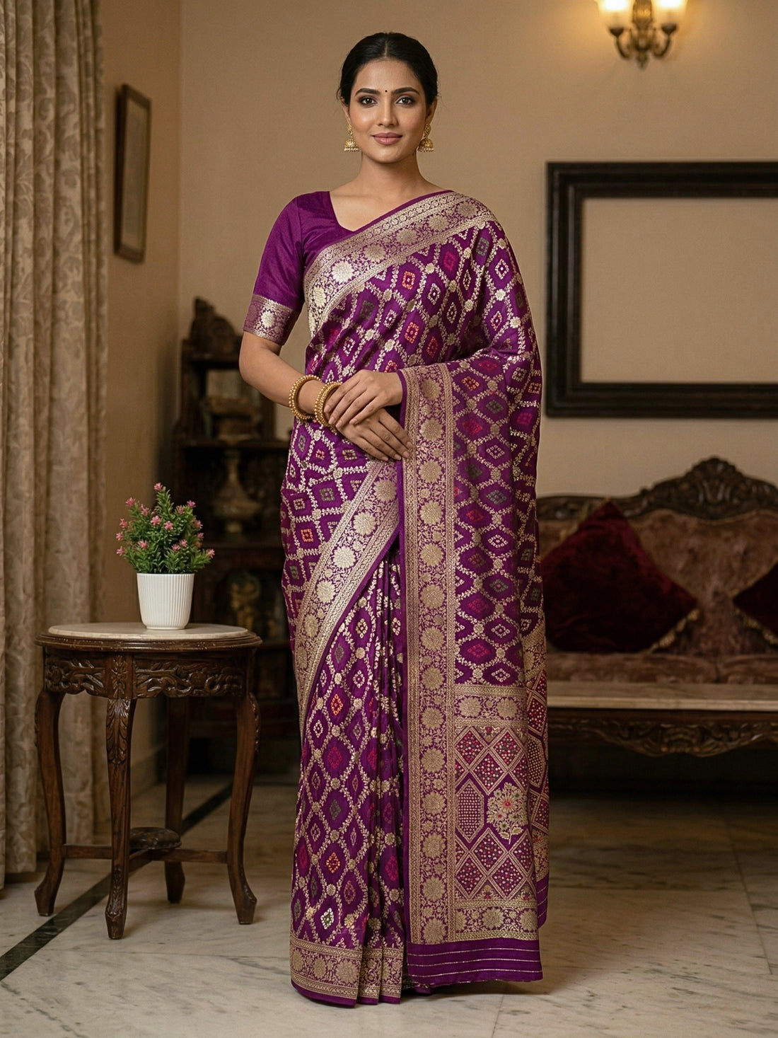 Crush Crepe Alfi Bandhej Saree  Magenta Purple with Multicolour Meenakari Boota