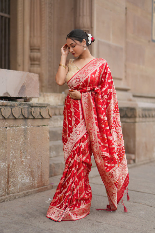 Crush Crepe Banarasi Bandhej Saree Red with Alfi Meenakari Jaal