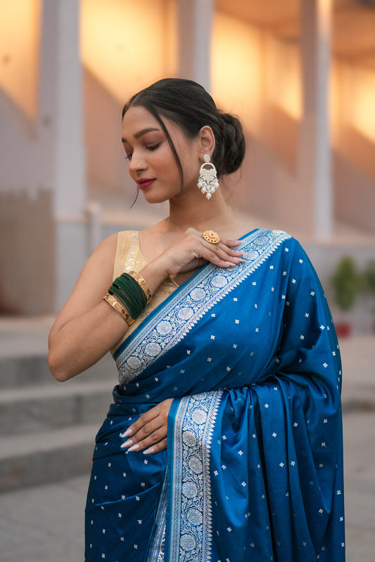 Mashru Katan Silk Banarasi Saree Firozi Blue Body with Silver Zari All Over Booti