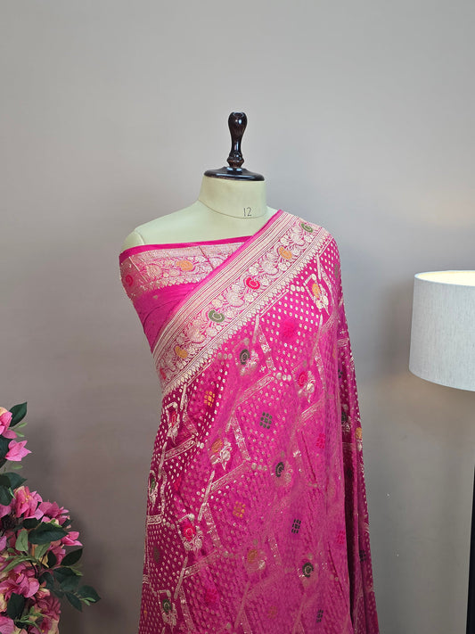 Crush Crepe Alfi Bandhej Saree  Rani Pink with Meenakari Flower Bootas