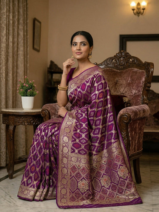 Crush Crepe Alfi Bandhej Saree  Magenta Purple with Multicolour Meenakari Boota
