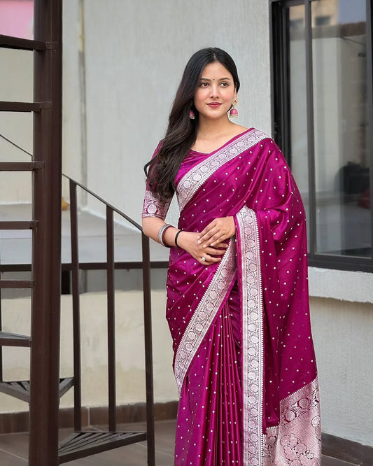 Mashru Katan Silk Banarasi Saree  Majenta Body All Over Booti