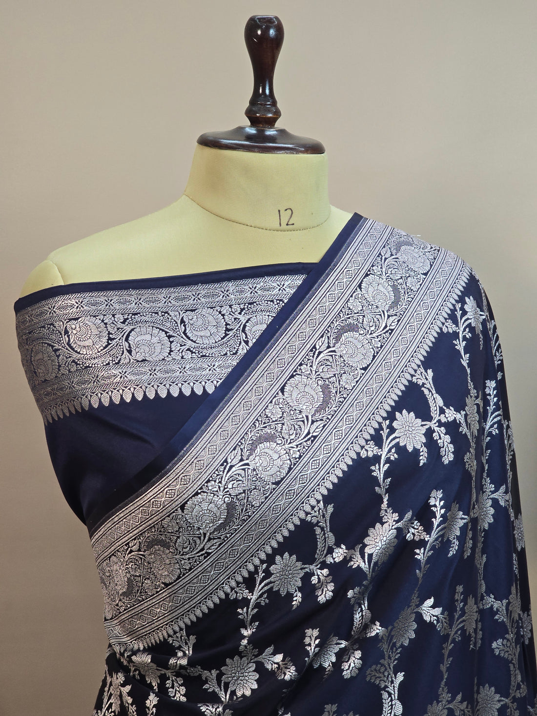 Mashru Katan Silk Banarasi Saree Navy Blue Body with Silver Zari All Over Jaal