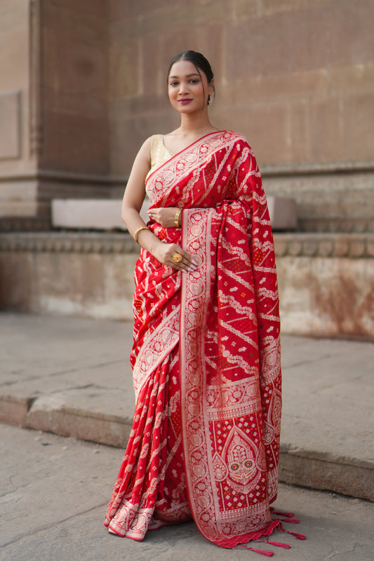 Crush Crepe Banarasi Bandhej Saree Red with Alfi Meenakari Jaal