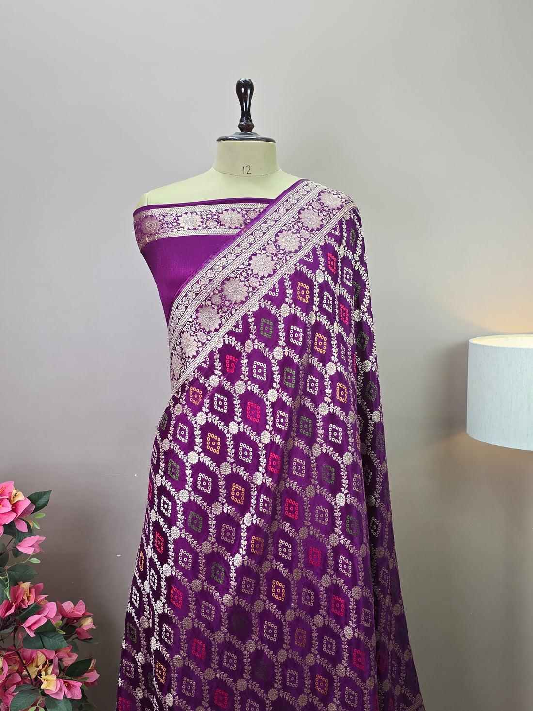 Crush Crepe Alfi Bandhej Saree  Magenta Purple with Multicolour Meenakari Boota