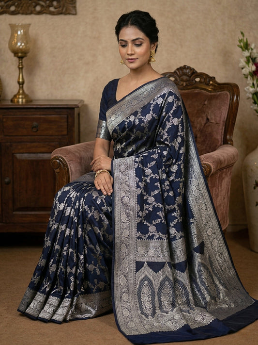 Mashru Katan Silk Banarasi Saree Navy Blue Body with Silver Zari All Over Jaal