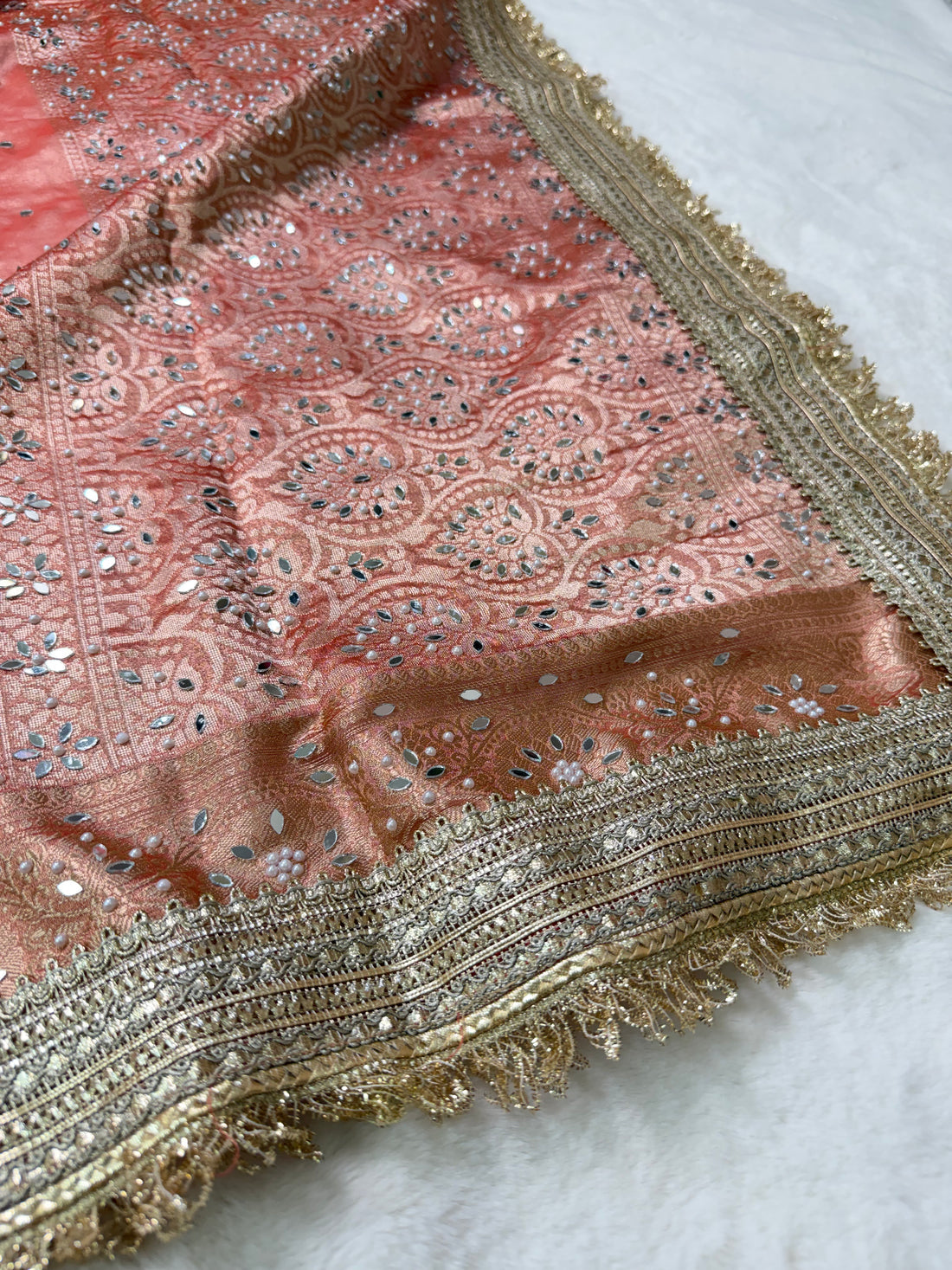 Banarasi Tissue Silk Saree with Mirror Work and Designer Lace Border
