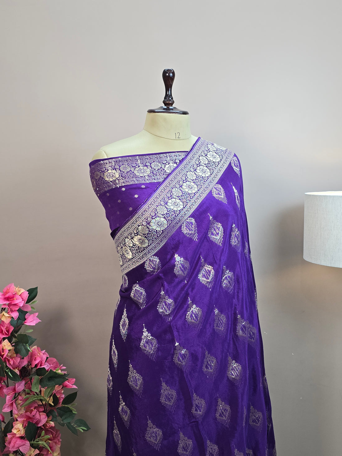 Crush Crepe Banarasi Saree Royal Purple Body with Geometric Zari Boota