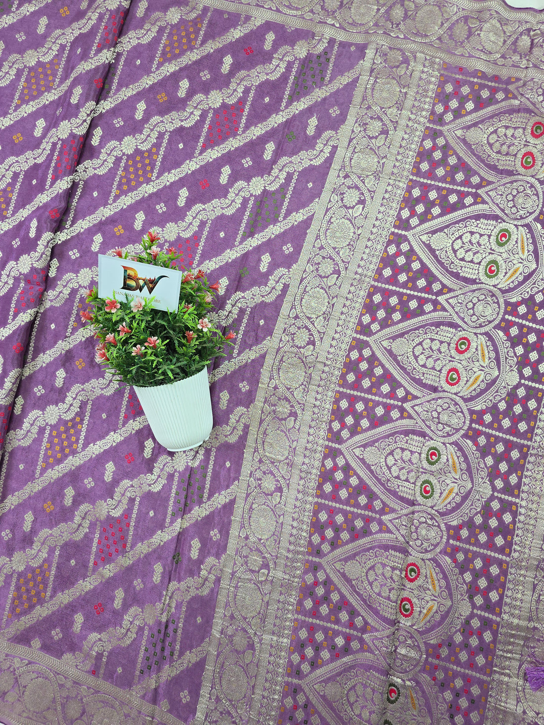 Crush Crepe Banarasi Bandhej Saree Lavender with Alfi Meenakari Jaal