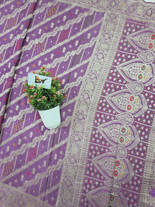 Crush Crepe Banarasi Bandhej Saree Lavender with Alfi Meenakari Jaal