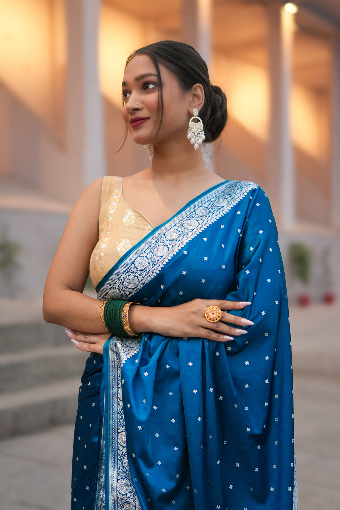 Mashru Katan Silk Banarasi Saree Firozi Blue Body with Silver Zari All Over Booti