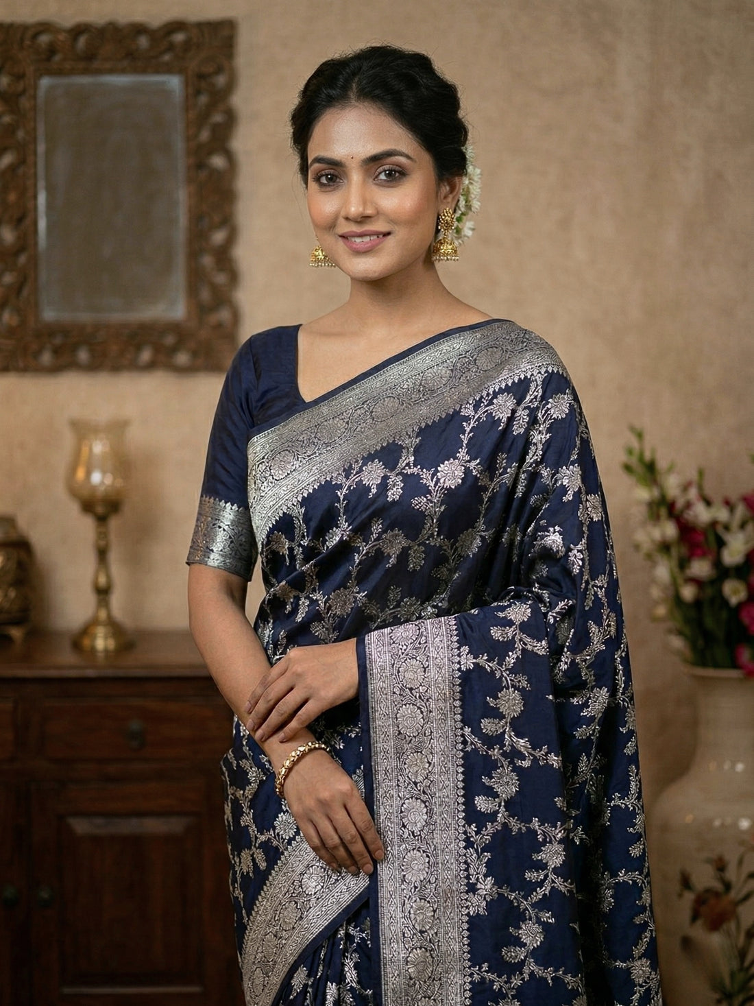 Mashru Katan Silk Banarasi Saree Navy Blue Body with Silver Zari All Over Jaal