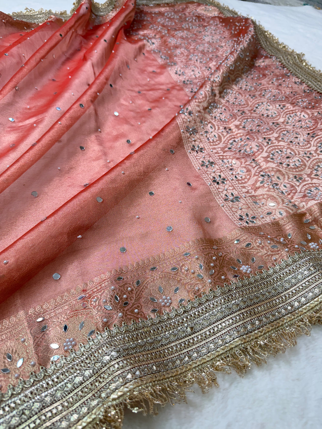 Banarasi Tissue Silk Saree with Mirror Work and Designer Lace Border