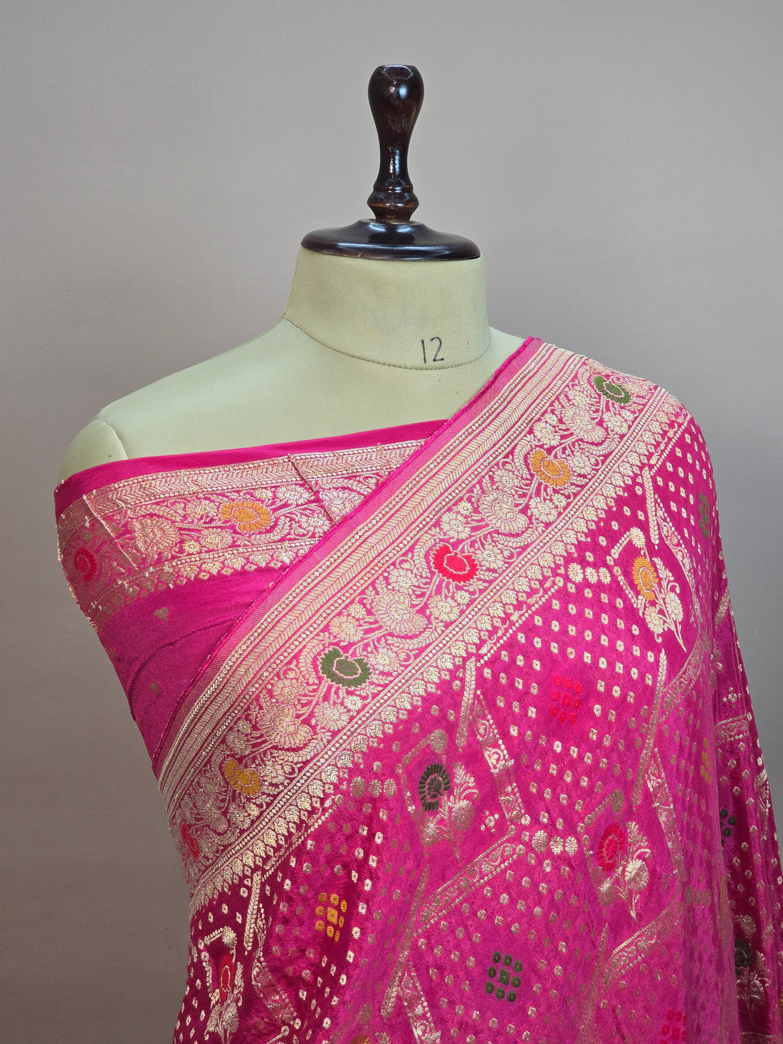 Crush Crepe Alfi Bandhej Saree  Rani Pink with Meenakari Flower Bootas