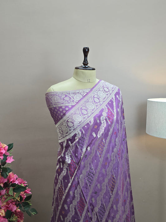 Crush Crepe Banarasi Bandhej Saree Lavender with Alfi Meenakari Jaal
