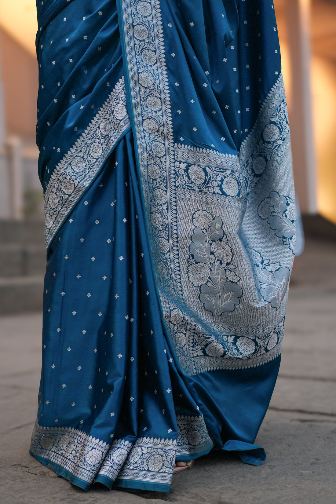 Mashru Katan Silk Banarasi Saree Firozi Blue Body with Silver Zari All Over Booti