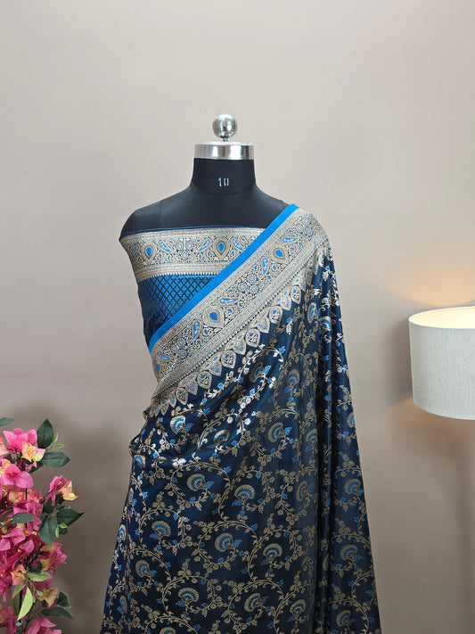 Satin Malai Katan Banarasi Saree Meenakari Booti Jaal