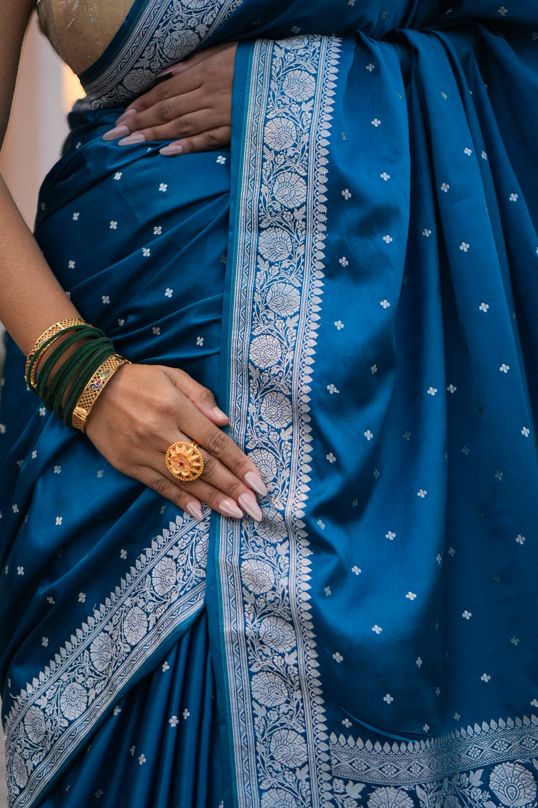 Mashru Katan Silk Banarasi Saree Firozi Blue Body with Silver Zari All Over Booti