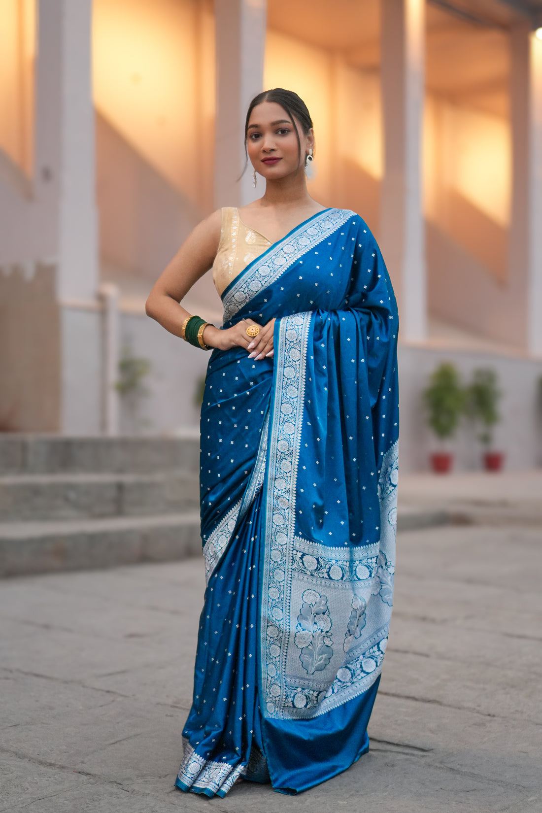 Mashru Katan Silk Banarasi Saree Firozi Blue Body with Silver Zari All Over Booti